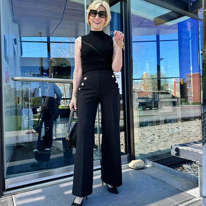 Eleglance™ High Stretch Wide-Leg Pants with Button Detail