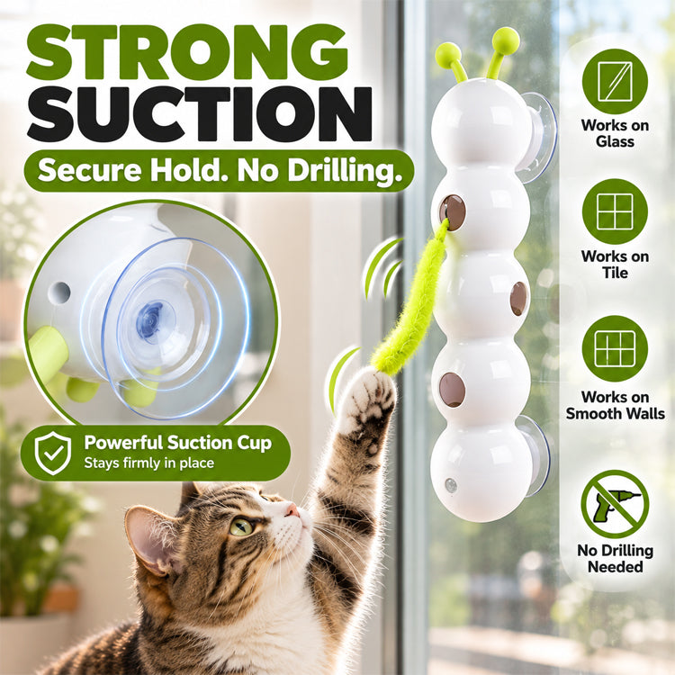 Motion-Activated Caterpillar Cat Toy – Rechargeable Suction Cup Feather Teaser