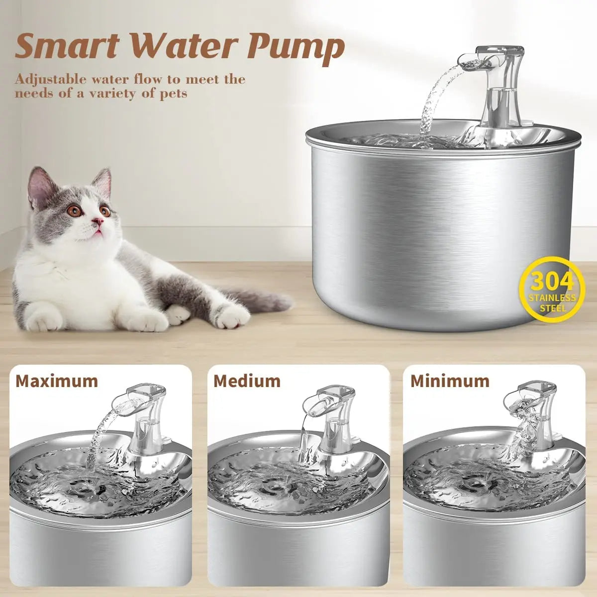 Stainless Steel Cat Water Fountain with Filter and Sensor