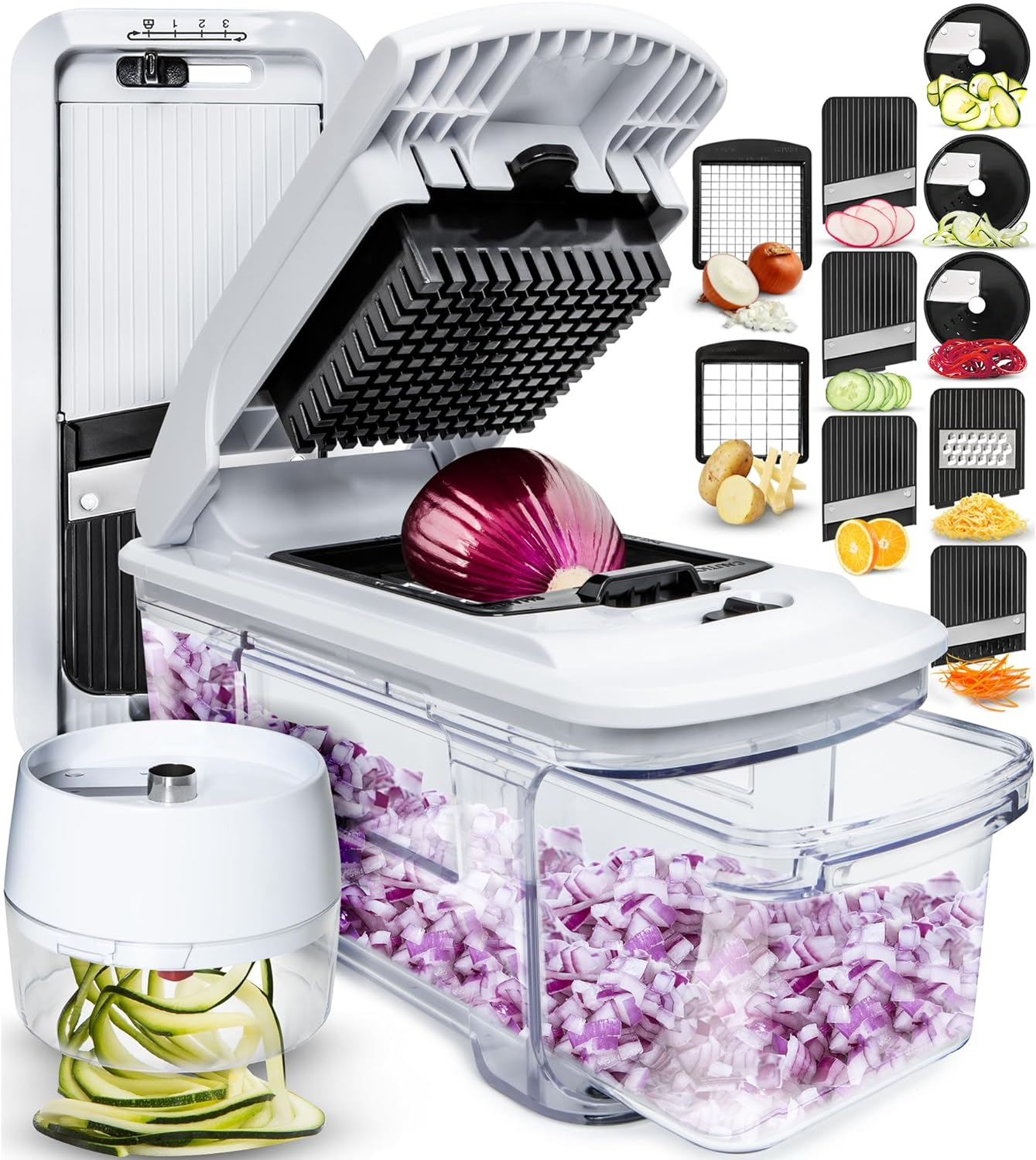 All-In-1 Vegetable Chopper, Dicer, Mandoline Slicer & Cheese Grater Includes Bonus Handheld Spiralizer