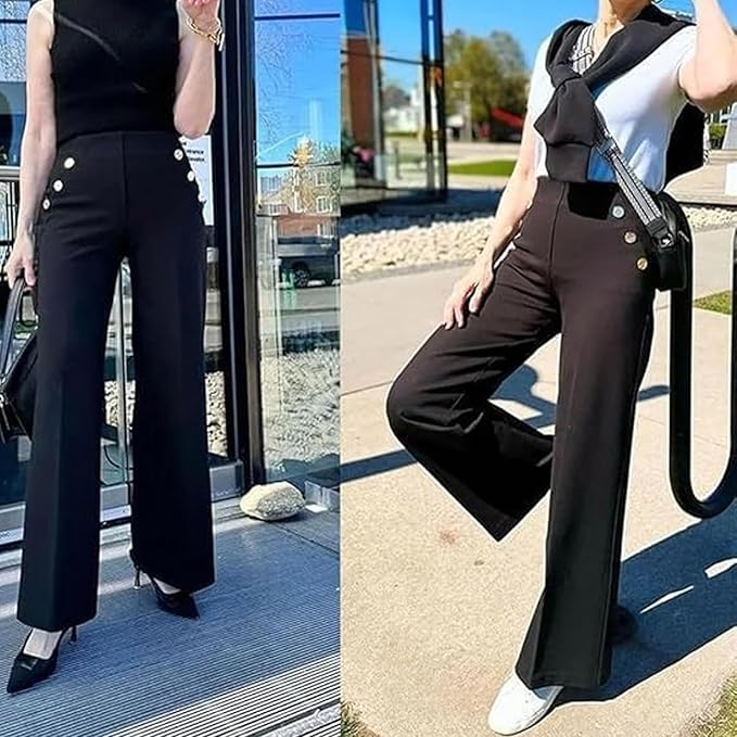 Eleglance™ High Stretch Wide-Leg Pants with Button Detail