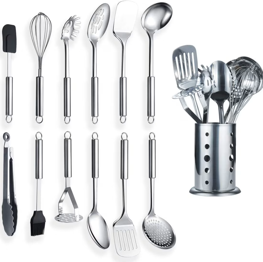 13 Pieces Stainless Steel Cooking Utensils Set With Utensil Holder