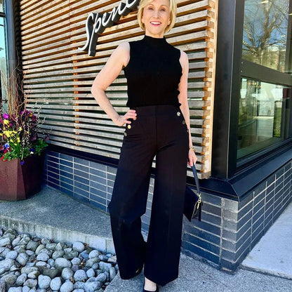 Eleglance™ High Stretch Wide-Leg Pants with Button Detail