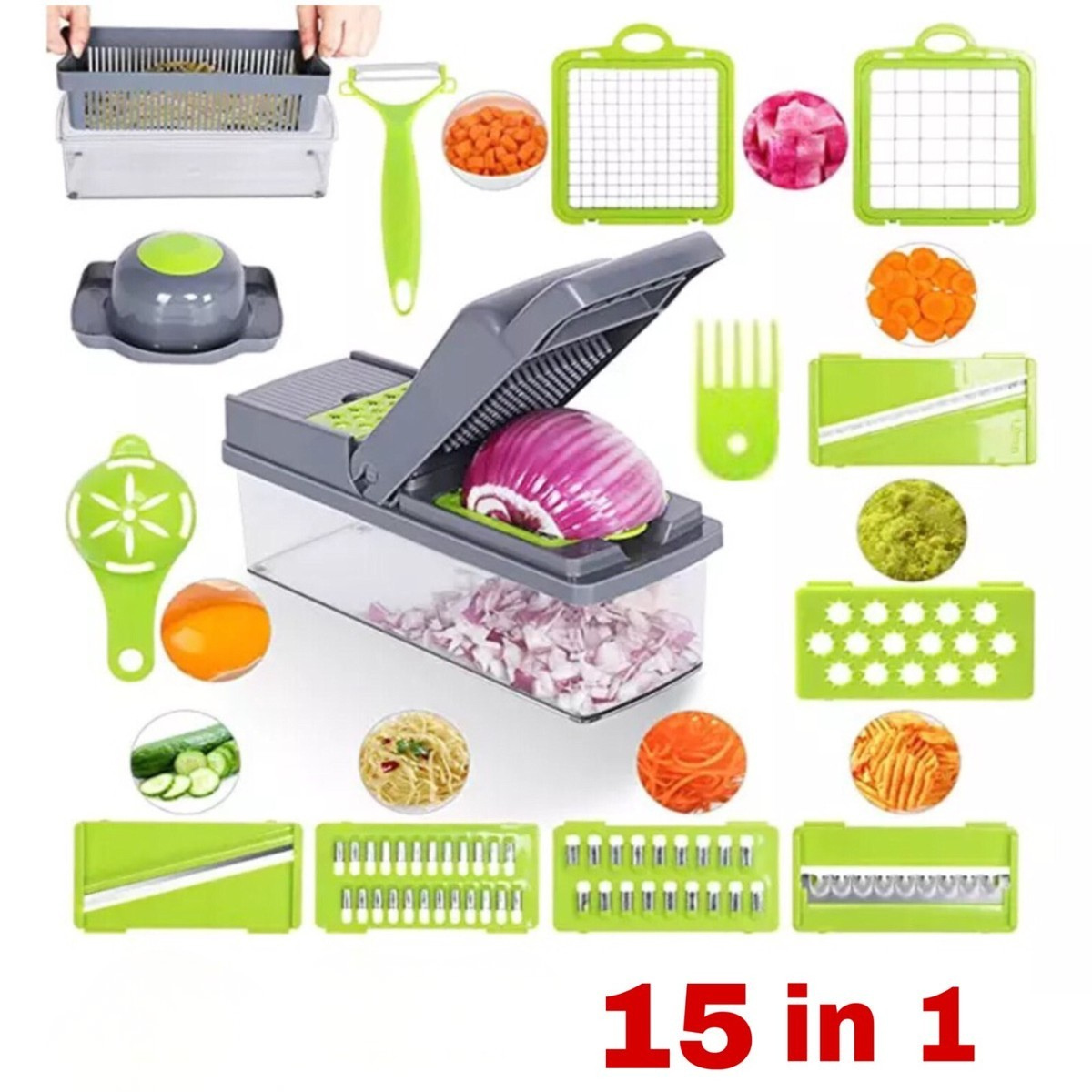15-In-1 Vegetable Fruit Chopper, Cutter, Veggie Dicer Slicer With Container