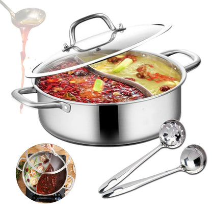 304 Stainless Steel Shabu Shabu Dual Sided Hot Pot W/ Lid And 2 Ladles